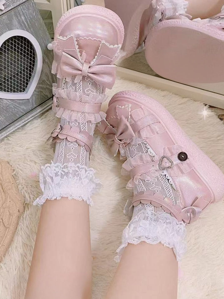 Black Heart Pattern Ruffled Lace Cuff Lolita Calf Socks