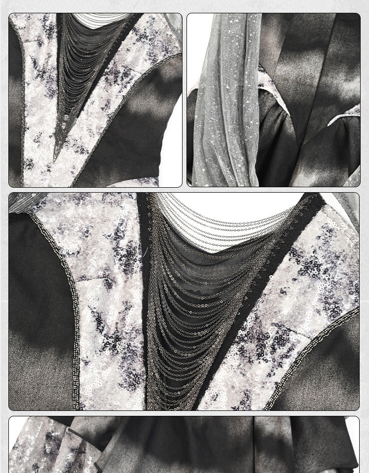 Futuristic Black Basque Waist Metal Y3K Hooded Dress Handkerchief Hem Chains Cyberpunk Fashion Front