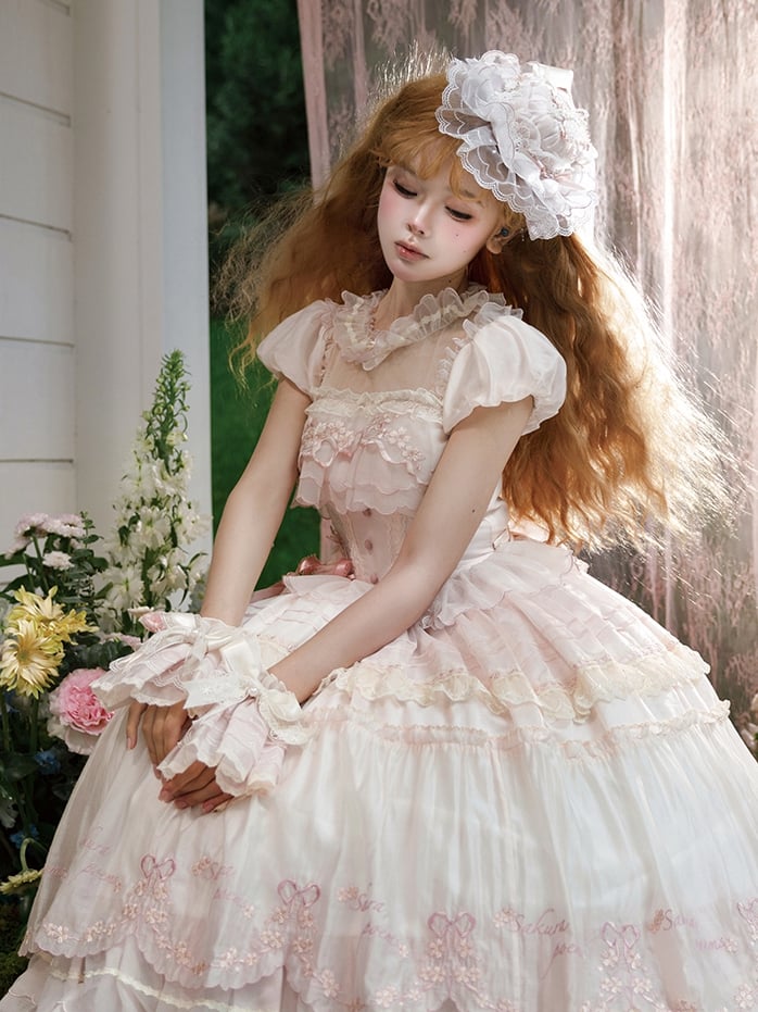 Embrodery Short Pink Dress Mini Blossom Delicate Sleeves Cherry Lolita Princess