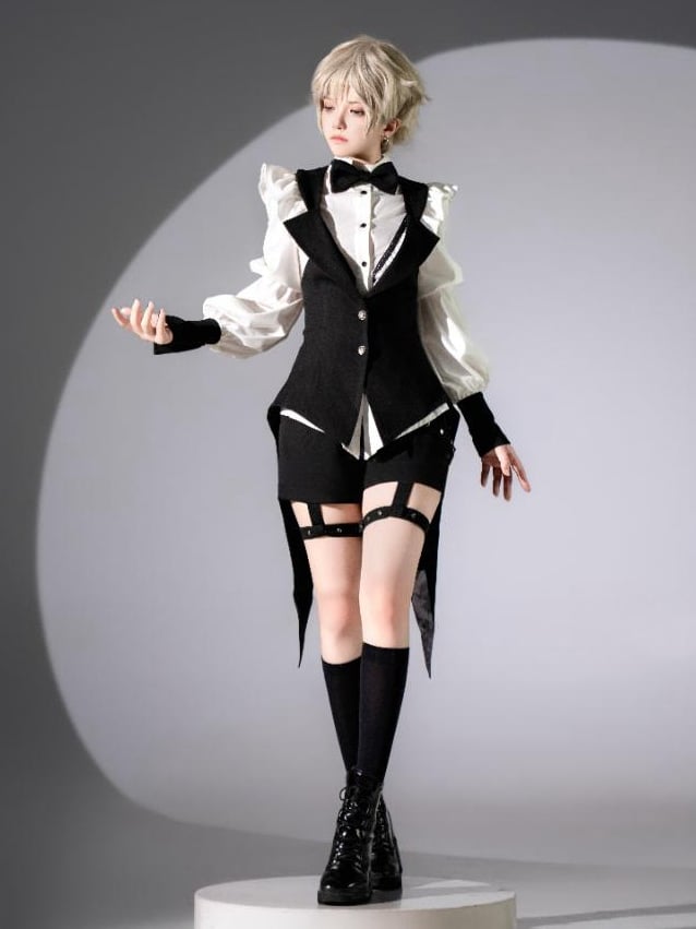 and Prince Lolita Waistcoat Garters - Outfit Ouji Gothic + Bowtie Black Tailcoat with White Shorts Shirt
