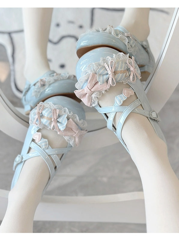 Toe Candy Runde Schuhe Low Mary Bows Jane Lolita Sweet Blue Heel - mit