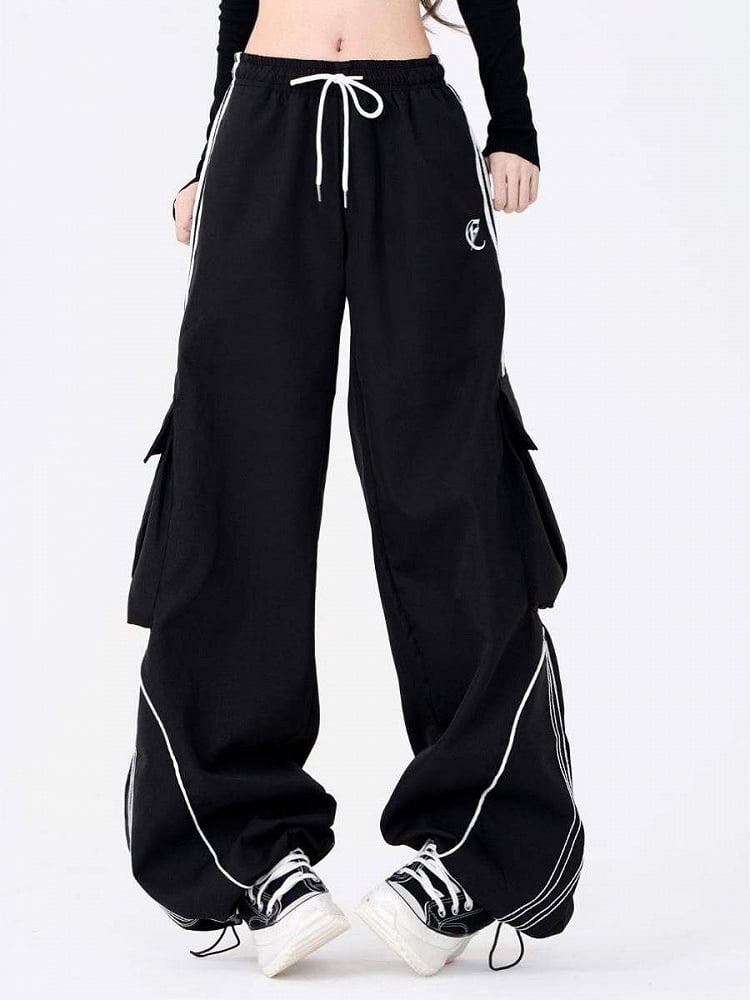 Black Drawstring Wide-Leg Cargo Pants with Side Utility Pockets