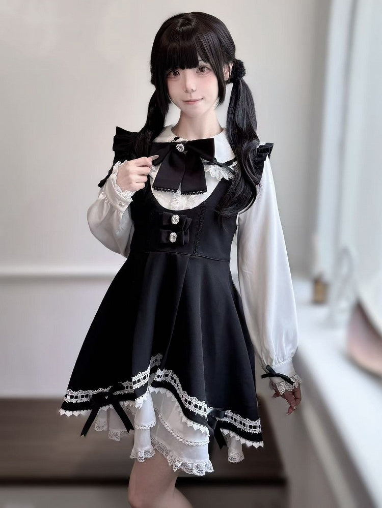 Tiered Jirai Kei Black Skirt with Bowknots on Overall Dress Hem