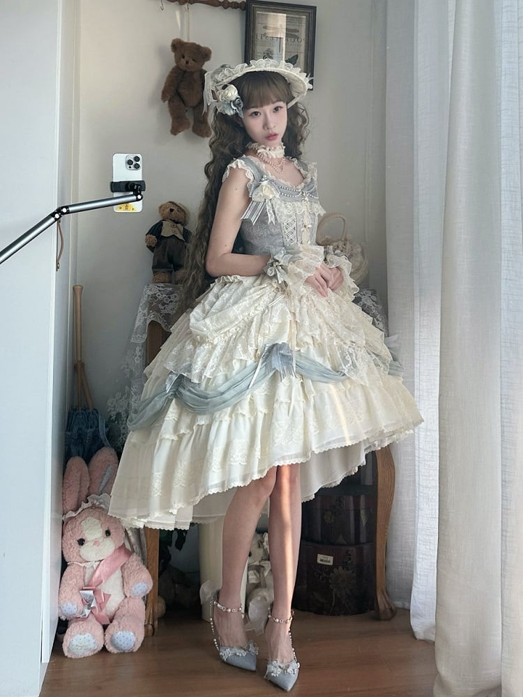 ダスティブルーのコルセットウエスト花嫁プリンセスロリータハイローレイヤードヘムドレスショートバージョン