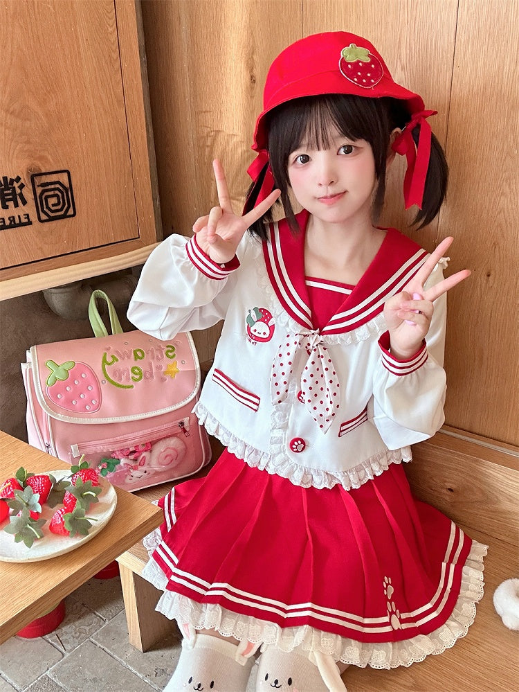Pink/Wine Ruffled Sailor Collar Bunny Ears Design Back Red JK Uniform Top Light