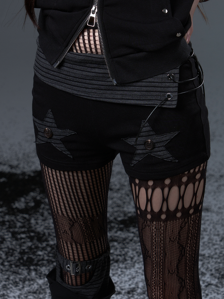 Low-Rise Black Punk Knit Shorts With Vintage Star Stripes Hand-Sewn Details