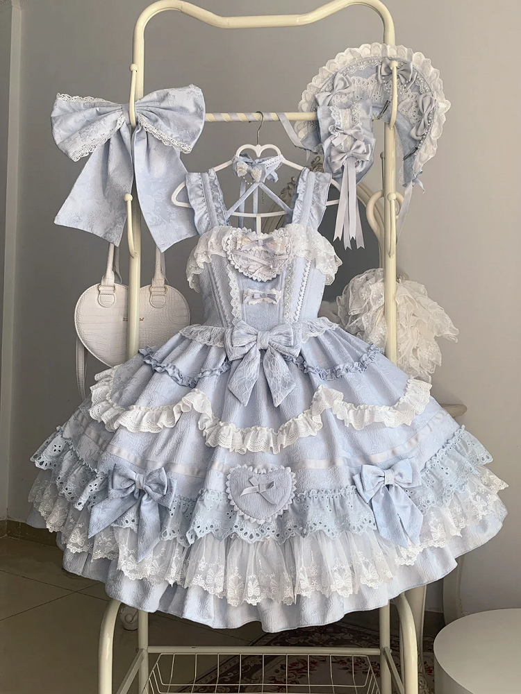 Blau-weißes Old School Lolita-Kleid mit Schleifen und herzförmiger Dekoration, Prinzessinnen-Lolita-Pulloverrock