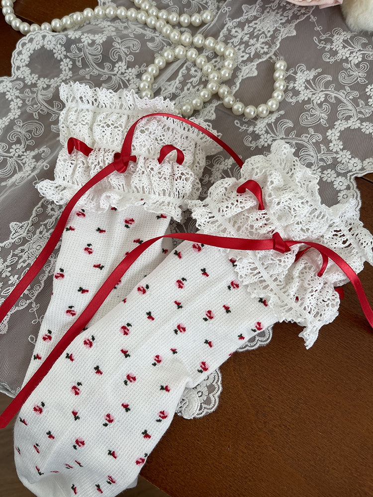 Socken Lolita WeißRoter Besatz Print Spitze Blumen