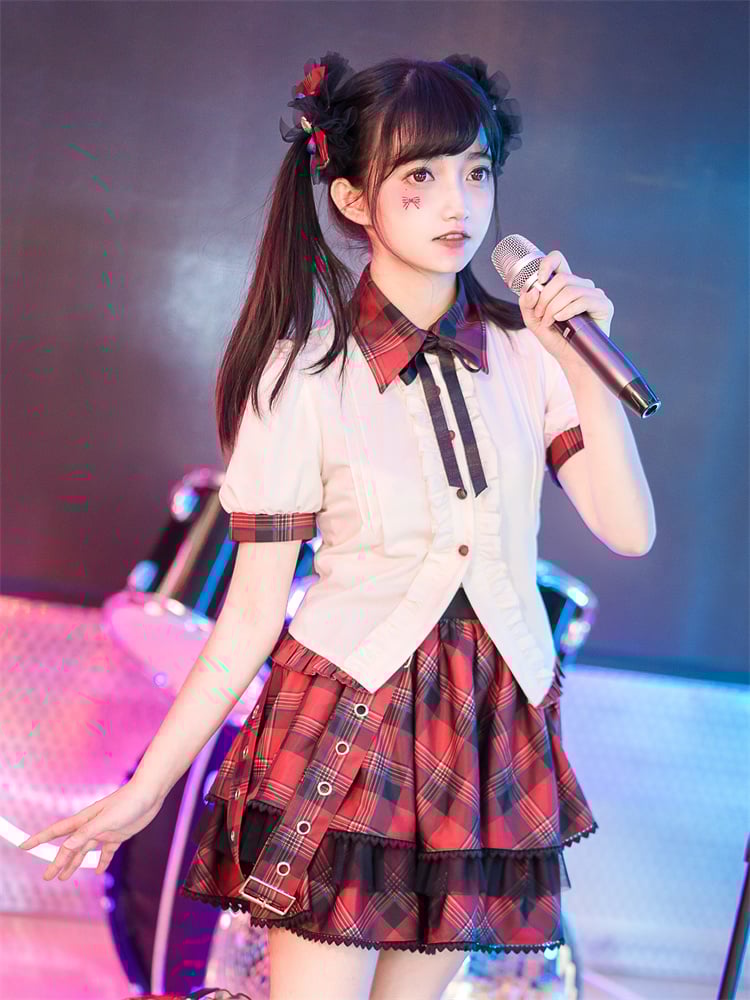 Contrast Red Plaid Trim Beige Idol Lolita Blouse with Lace-up Detail at Back