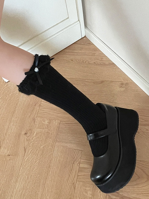 Chaussettes Lolita blanches à revers en dentelle et nœud papillon