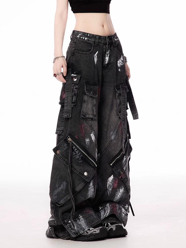 Details Jeans Zipper Spray Paint Print Waist Wide-leg Cargo Black Low