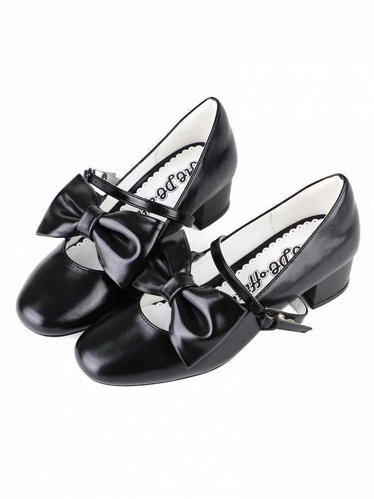 Mid Lolita PU Heart with Details in Leather Black Bow Ornate Fastener Sophisticated Heels