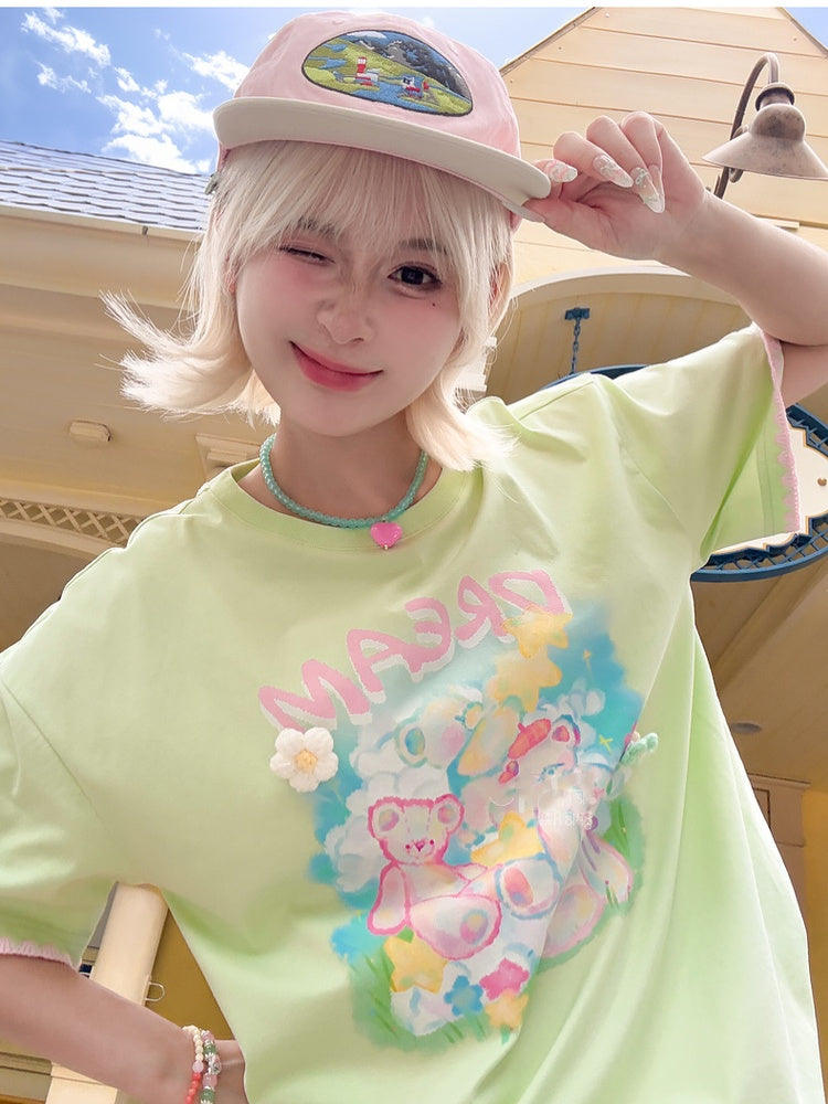 Akzente Grün Rundhals Teddybär Print Strick Lose T-shirt Floral