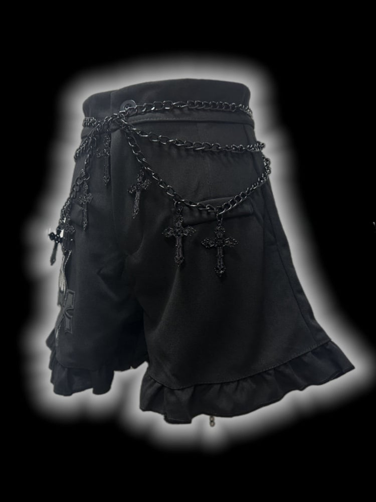 Gothic Black CrossPatches High Waist Ruffle Trim Shorts with Free Waist Chain