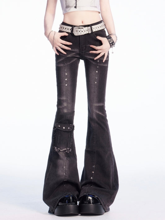 Rise Stud Flared Jeans Dark Gray Low Details Faded Wash Vintage