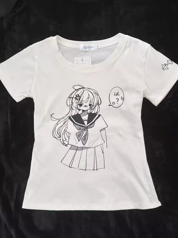 Round Neck with White / Anime Girl Print Cotton T-Shirt Black