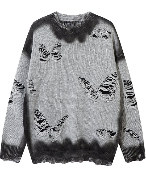 Y2K Black/Grey Butterfly Shaped Distressed Holes Round Neck Sweater