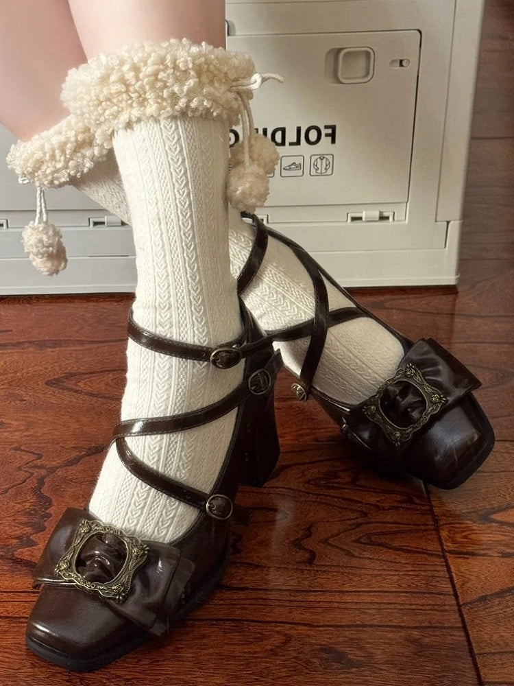Toe Picture Heels Middle Crisscross at Square Frame - Straps Design Bow Buckle Elegant Top Brown Lolita