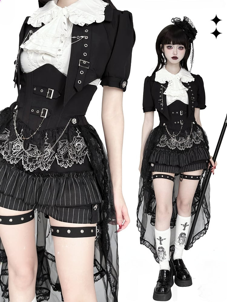 Schwarz-weißes Prince Ouji Lolita-Outfit – weißes ärmelloses Hemd + schwarzes kurzes Top + Blommer-Shorts mit hoher Taille, komplettes Set