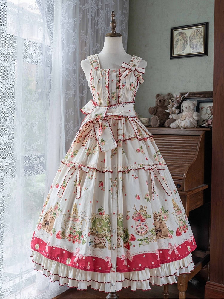 Bunny Pink House Dress Hemline Print Lolita Red Fashion and Strawberry