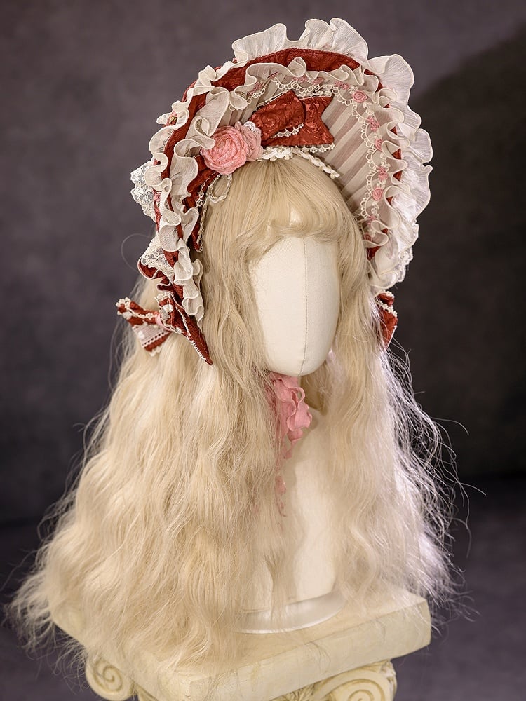 Rote Hanayome-Rosettenstickerei mit Blumenmuster und Perlenkettendetails, Lolita OP-Komplettset