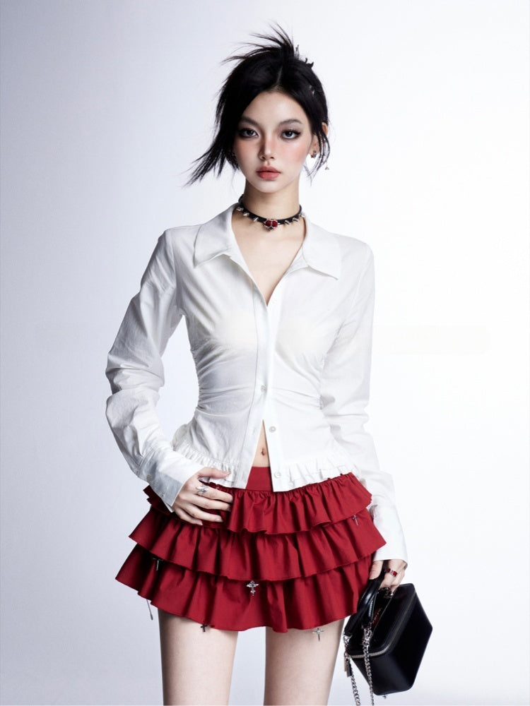 Strapless Top/Red Cross Tiered Skirt Gothic Red Cross Applique White Cropped Charms