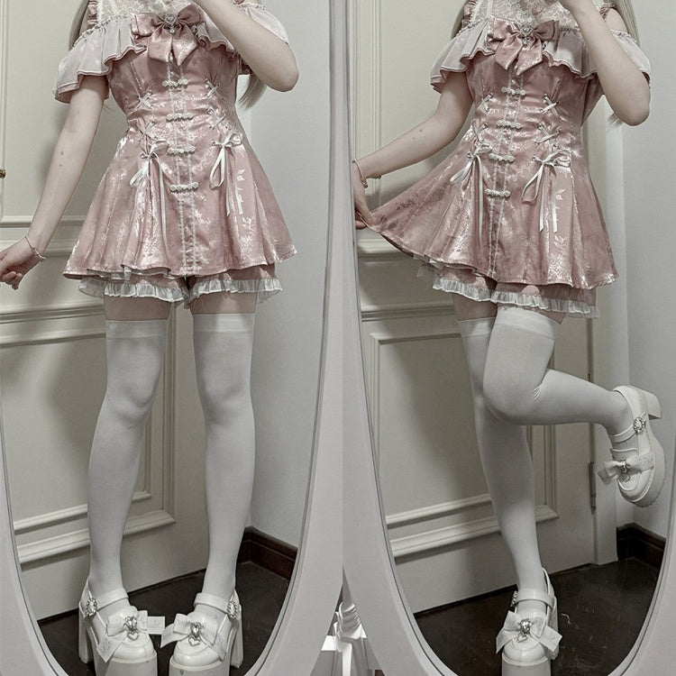 Set- Shorts Bow Tie Neckline + + Bell Sleeves Illusion Cheongsam Mini Dress Dusty Jirai Style Pink Kei