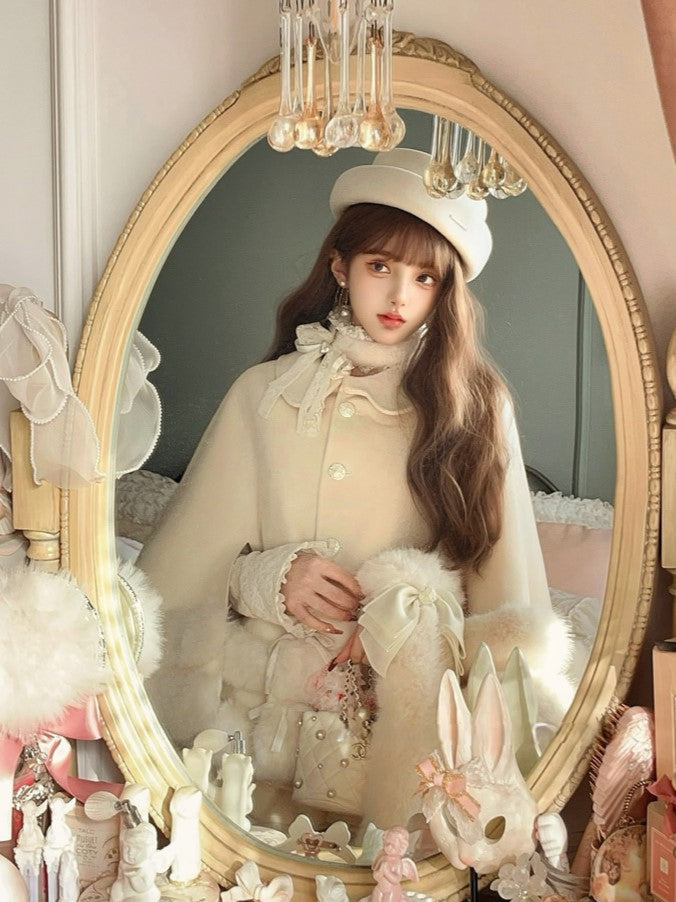 Faux Fleece Cloak White With Fur-Trimmed Bow Accents Creamy