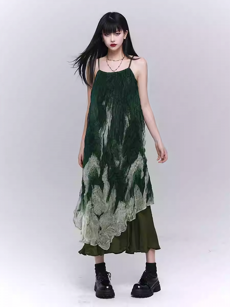 Robe à bretelles spaghetti à volants et ourlet asymétrique vert dégradé