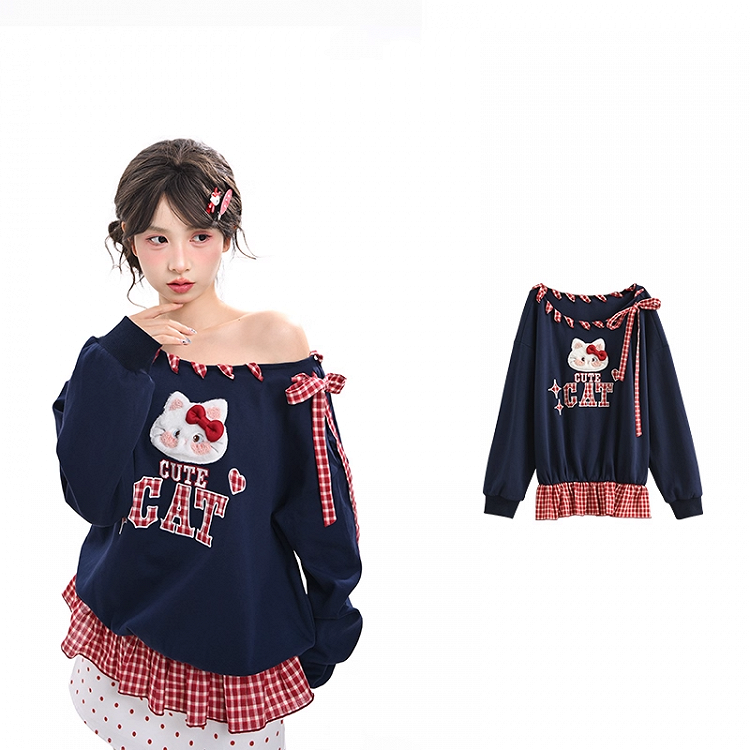 Red Asymmetrical Neckline Kitty Embroidery Applique Navy Plaid Self-tie Sweatshirt Straps at Blue