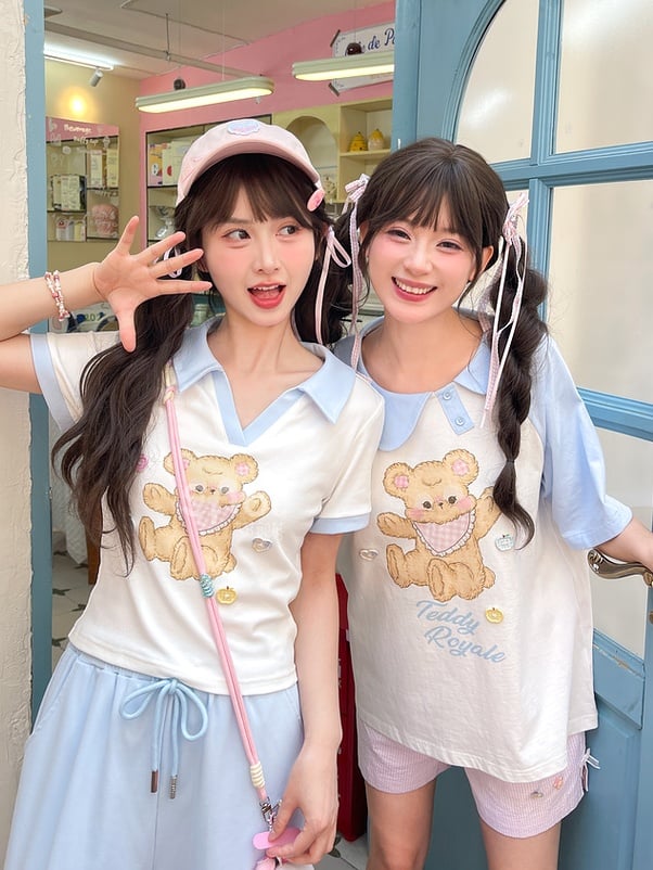Blue and White Asymmetrical Peter Pan Collar Bear Print T-Shirt Long Version