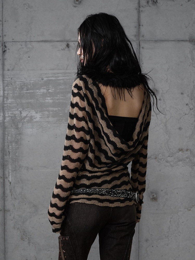 Bustier Set Top Brown Knit Striped Deconstructed Wing Black Print