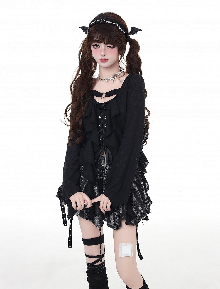 Asymmetrical Ruffled Placket Hem Chiffon Top Pink Lace-up Black/Light