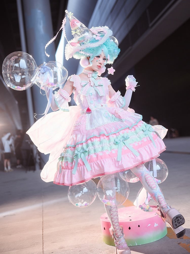 Lolita Dress Cake Sweet Bow and Accents Skirt Tiered Watermelon Pink Green