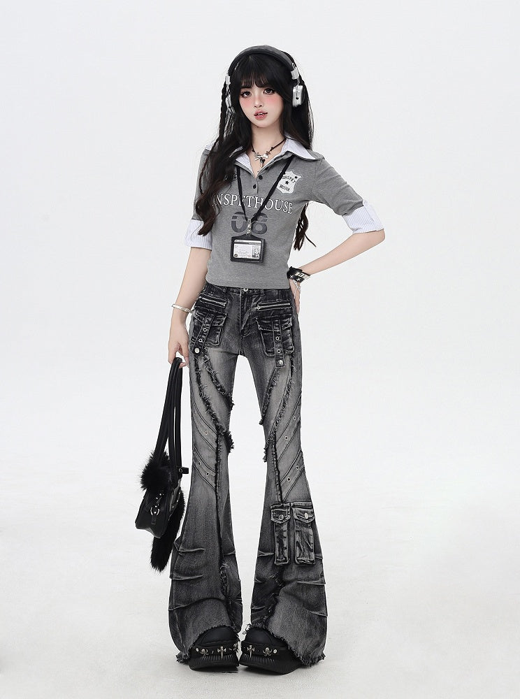 Black Rise Raw Hem Faded Wash Flared Cargo Jeans Y2K Low