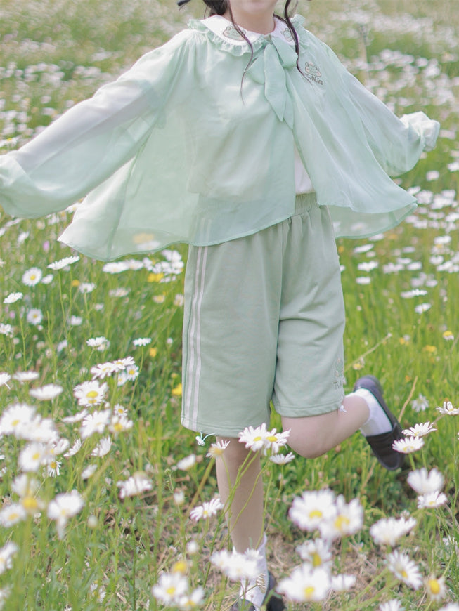 Semi-sheer Frog Hood Sun Protection Top Light Green Chiffon