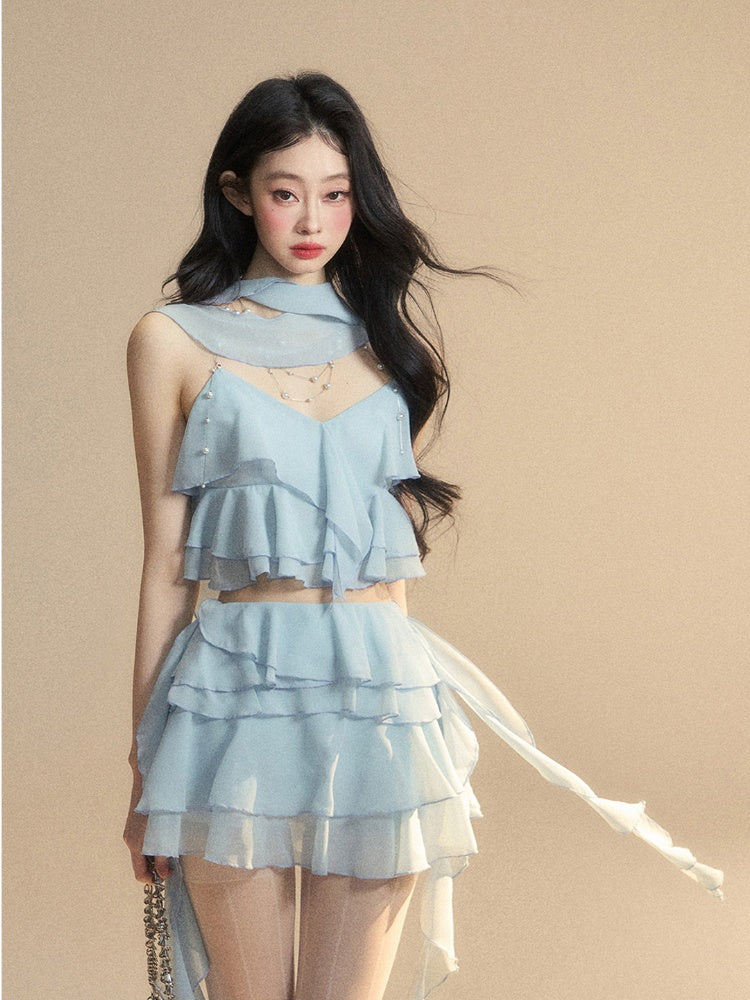 Blue Chiffon Tiered Skirt Mini Asymmetrical Ruffled Hem Slim-fitting