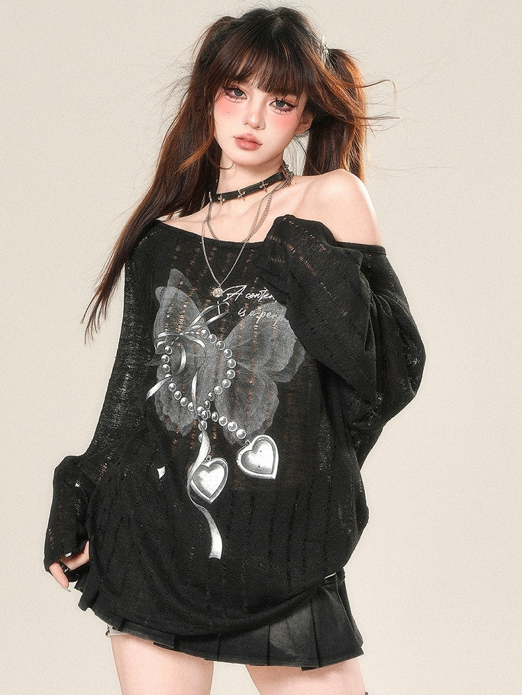 Top Black Glamorous Bittersweet Protection Sleeves Long Butterfly Print Sun