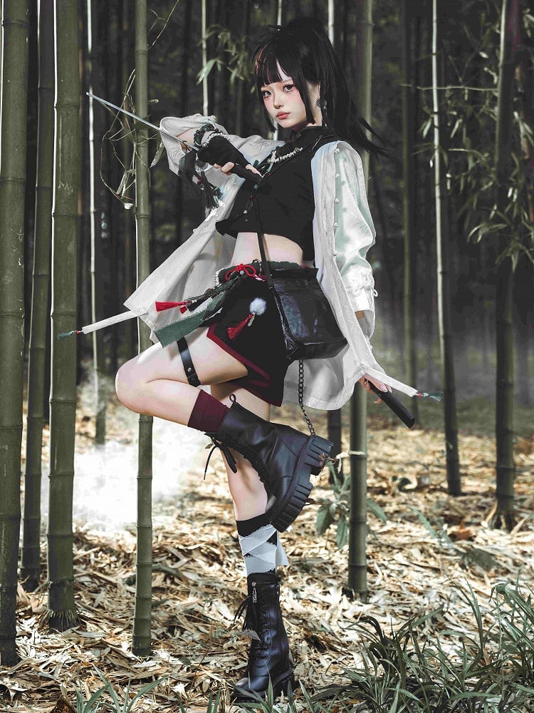 White Jacquard Leaf Hooded Coat Bamboo