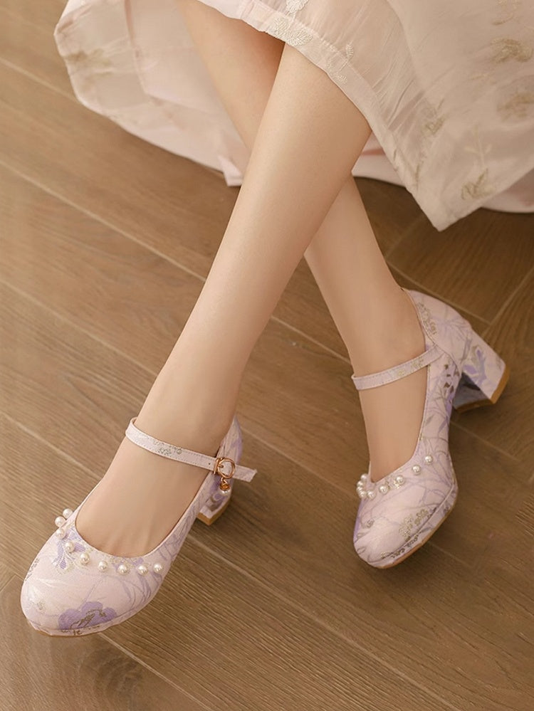 Purple Embellishments Lolita Mid-heels Floral Qi Beads with