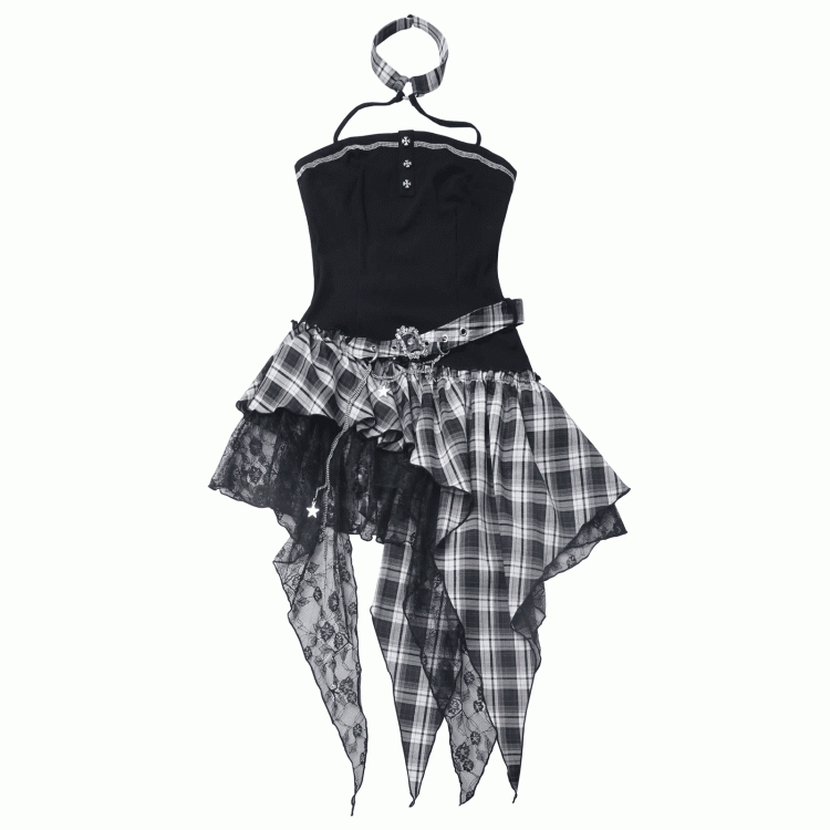 Rock Red/Black White Plaid Mesh Strapless Dress Patches Handkerchief Hem Punk