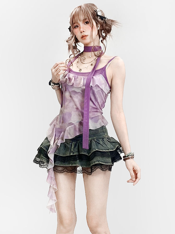 Purple Hem Asymmetrical Ruffles Top Design Dye + Tie Cami Scarf Y2K Trim