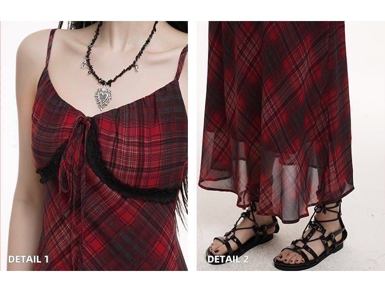 Self-tie Strap Neckline Cami Dress Red Black Plaid V-neck
