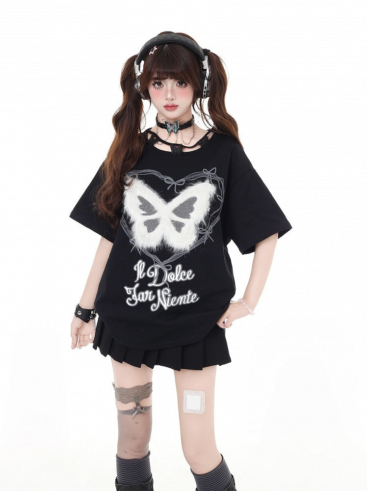 Plush Butterfly Applique Butterfly Neckline Black Design Bittersweet T-Shirt