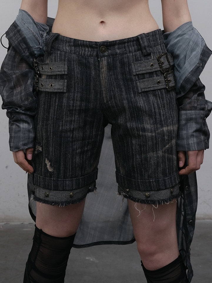 Black Details Shorts Wash Punk Wasteland Decorated Buckle Faded Studs