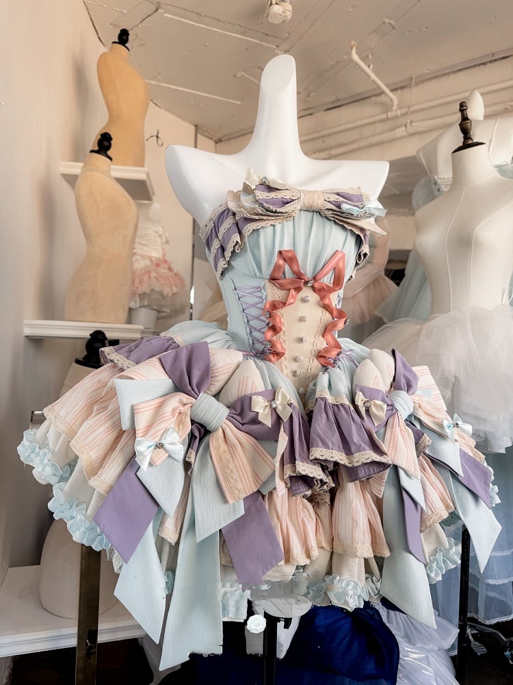 Purple Bowknots Skirt Big Lace-up Basque Waist Tiered Ruffle Sweet Lolita Dress and with Blue on