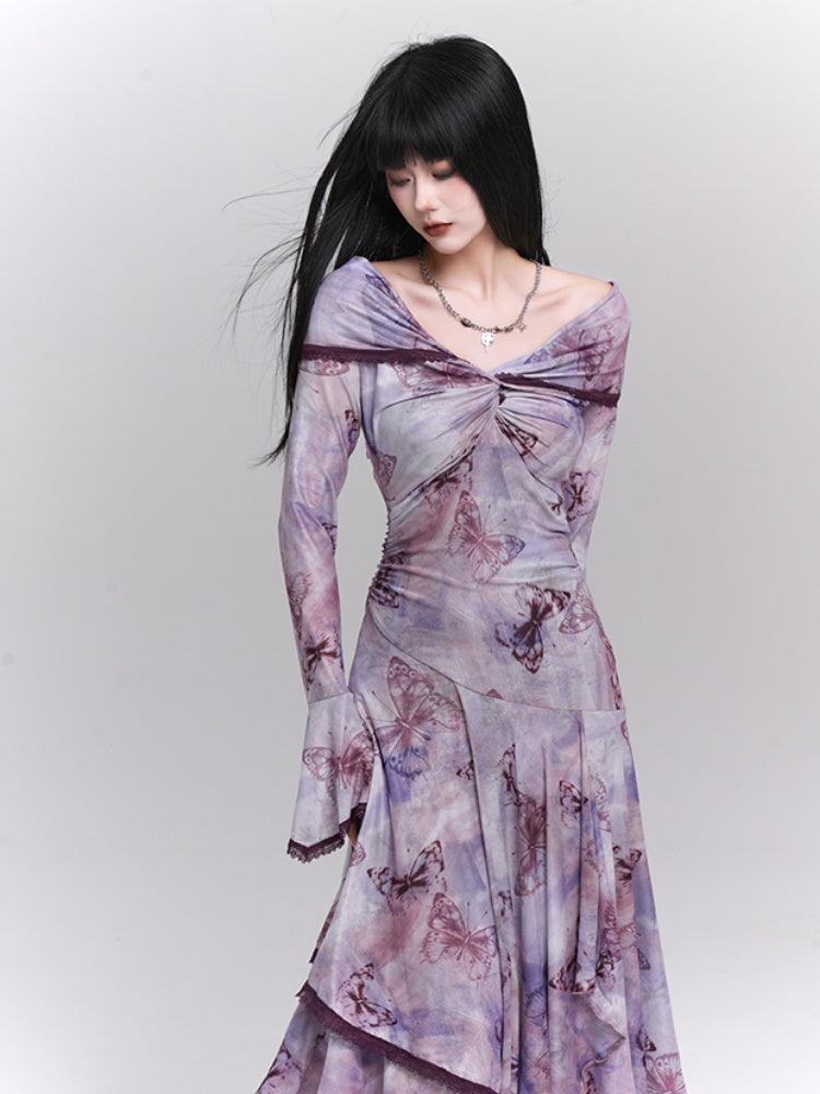 Purple/Dark Gray/Apricot Off-the-Shoulder Butterfly Print Twist Detail Dress