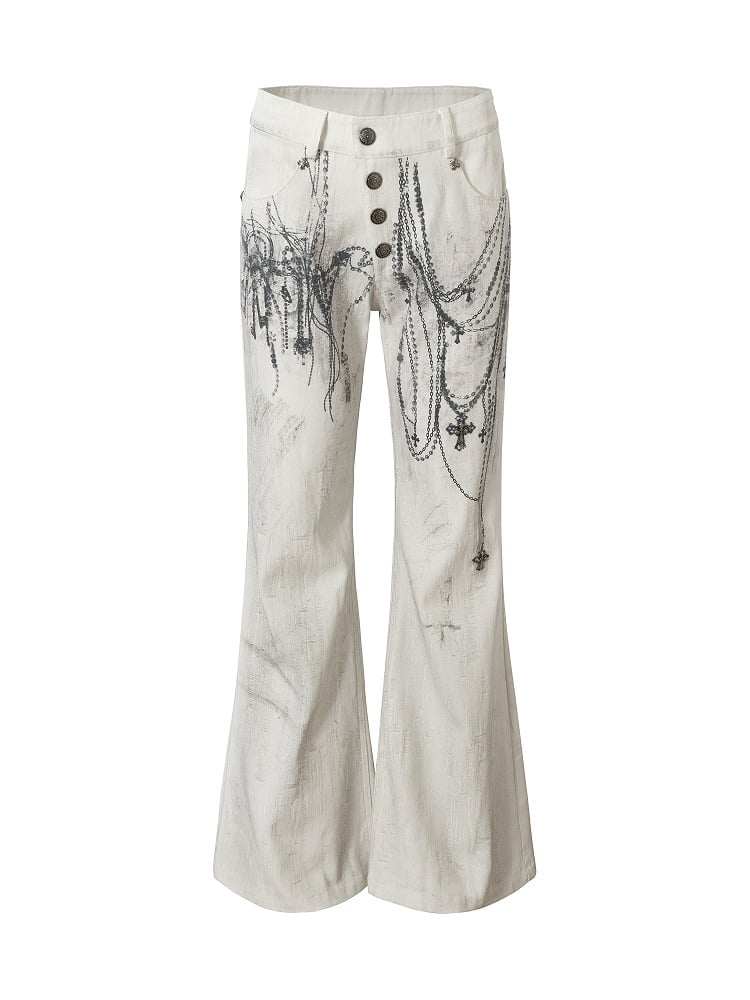 with Chain Studs Print Punk Cross Pants Button-Up Wide-Leg Fly White