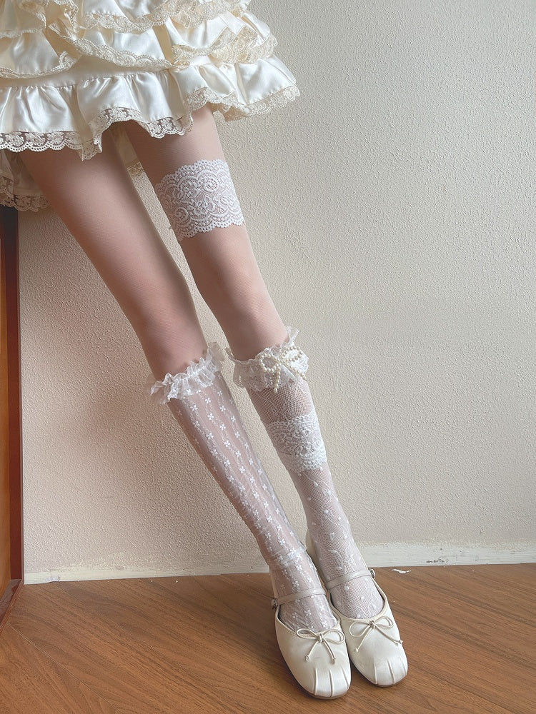 Semi-sheer White Socks/Lace Loop Stockings/Floral Bowknot Lace Leg Trims Tights/Beaded Stockings/Tulle Underknee Pattern