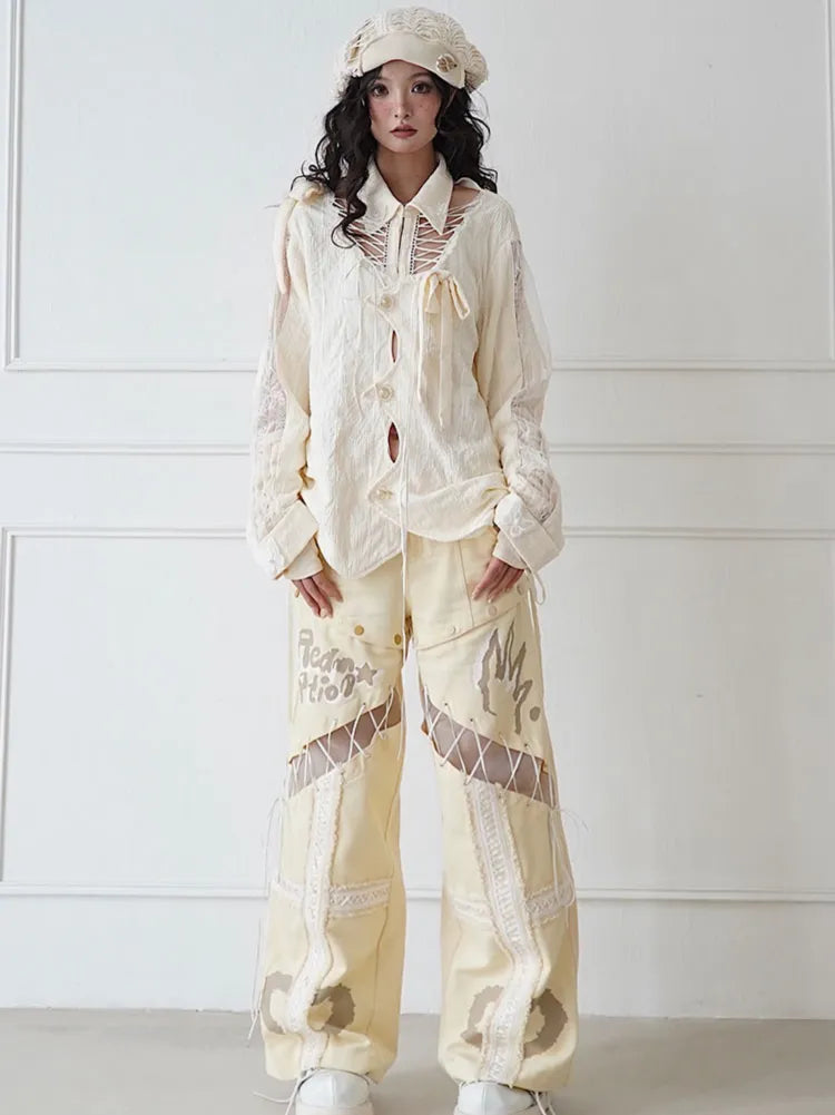 Cut Lace-up Beige Jeans Straight-leg Detachable Detail